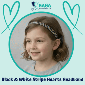 Black and White Stripe Hearts BAHA Headband (Cochlear BAHA, Oticon Ponto, Med-El Adhear)