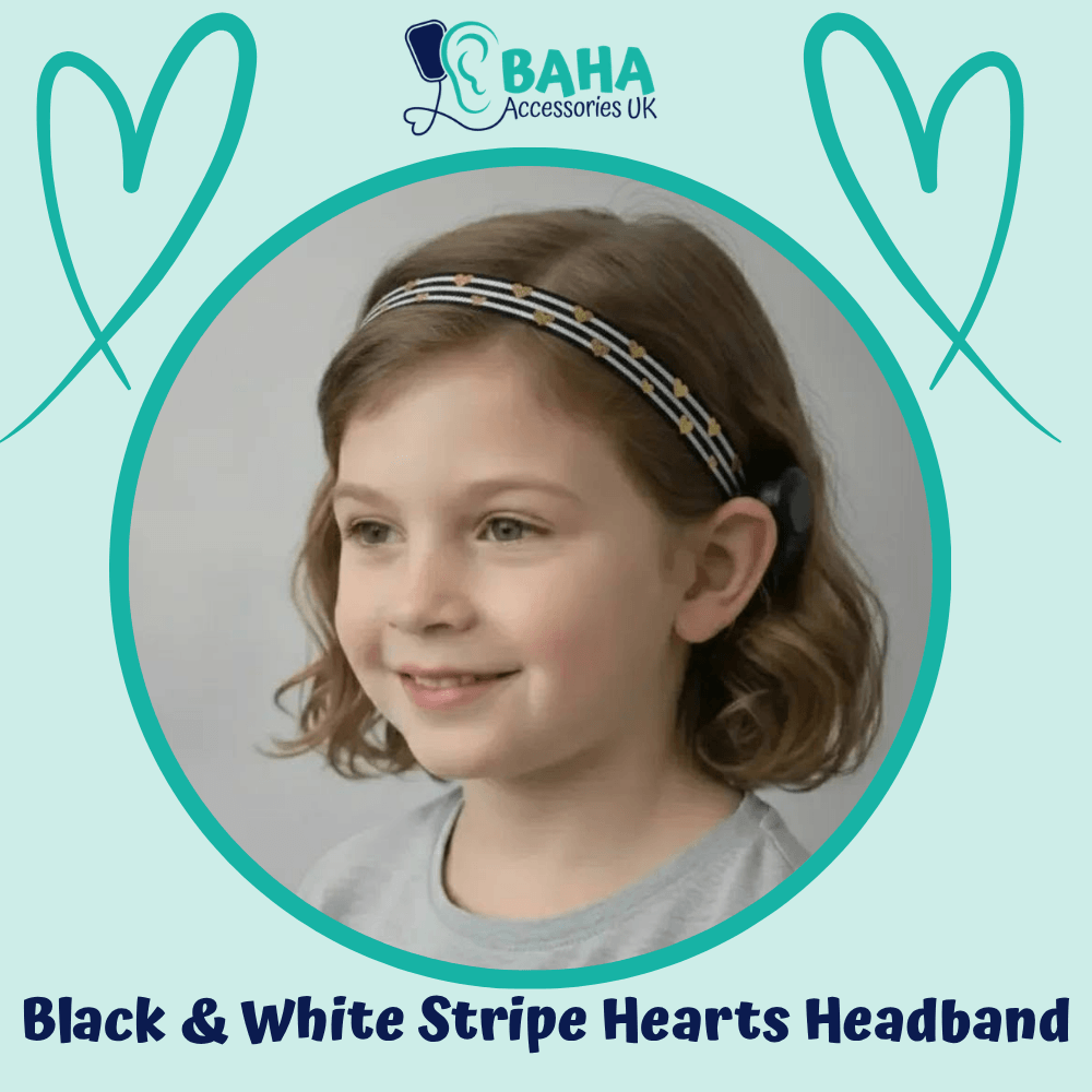 Black and White Stripe Hearts BAHA Headband (Cochlear BAHA, Oticon Ponto, Med-El Adhear)