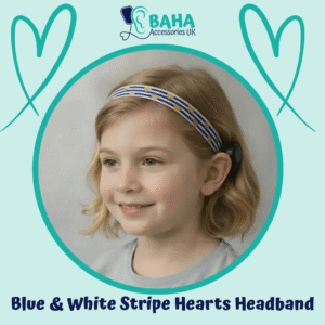 Blue & White Stripe Hearts BAHA Headband (Cochlear BAHA, Oticon Ponto, Med-El Adhear)